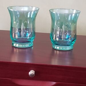 Iridescent Green Glass Votive Holders Seder Pair